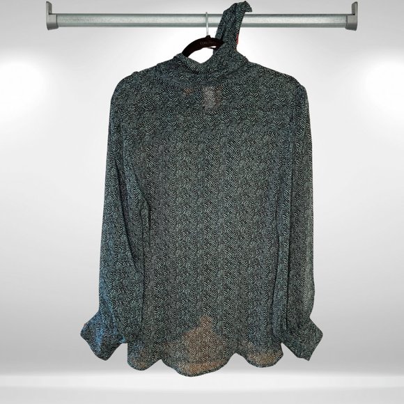 Covington Sheer Button Front Tie Neck Black & Dark Green Long Sleeve Blouse - Picture 3 of 5